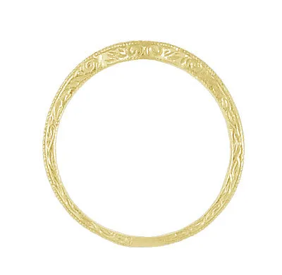 Art Deco Yellow Gold Vintage Engraved Scrolls Curved Wedding Band