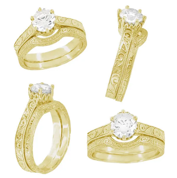 Art Deco Yellow Gold Vintage Engraved Scrolls Curved Wedding Band
