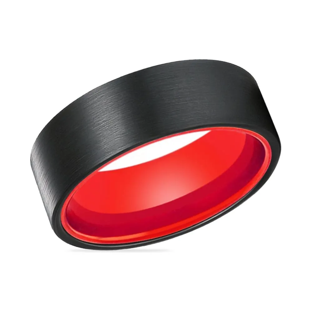 Belmont Black Brushed Flat Tungsten Carbide Ring with Fire Red Inner  6mm & 8mm