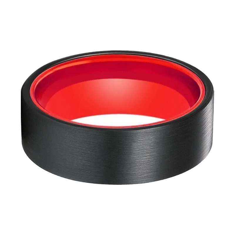 Belmont Black Brushed Flat Tungsten Carbide Ring with Fire Red Inner  6mm & 8mm