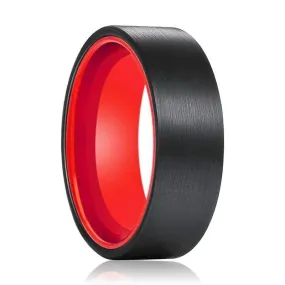 Belmont Black Brushed Flat Tungsten Carbide Ring with Fire Red Inner  6mm & 8mm