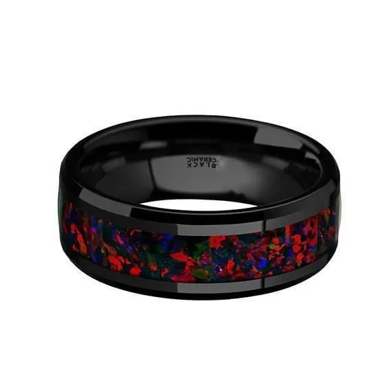 Black Ceramic Wedding Ring With Black Opal Inlay Beveled Polished Finish - 8mm