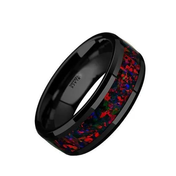 Black Ceramic Wedding Ring With Black Opal Inlay Beveled Polished Finish - 8mm