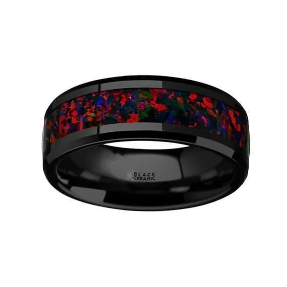 Black Ceramic Wedding Ring With Black Opal Inlay Beveled Polished Finish - 8mm