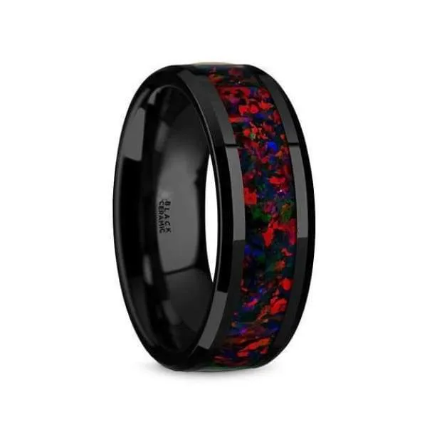 Black Ceramic Wedding Ring With Black Opal Inlay Beveled Polished Finish - 8mm