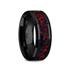 Black Ceramic Wedding Ring With Black Opal Inlay Beveled Polished Finish - 8mm