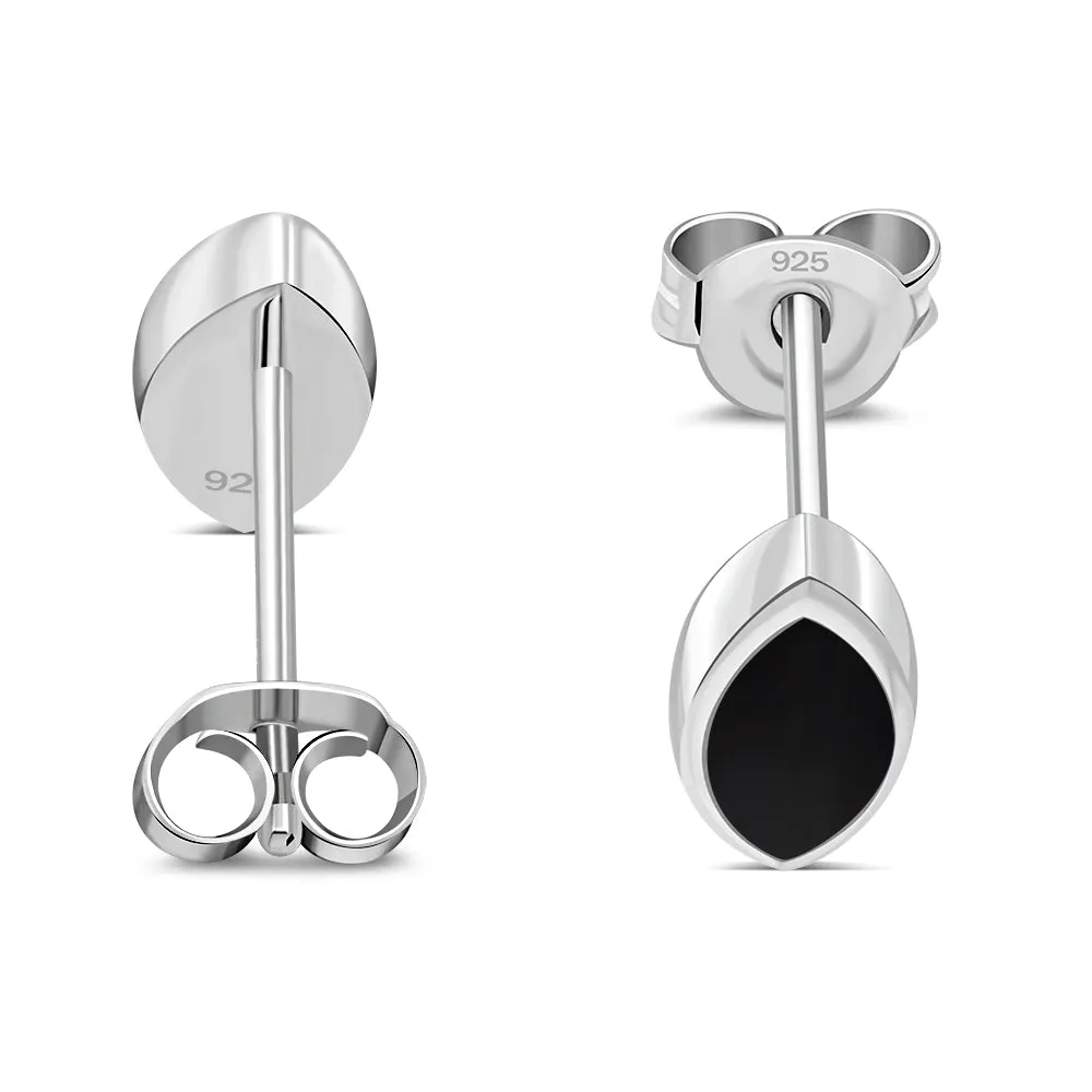Black Onyx Lens Shaped Silver Stud Earrings
