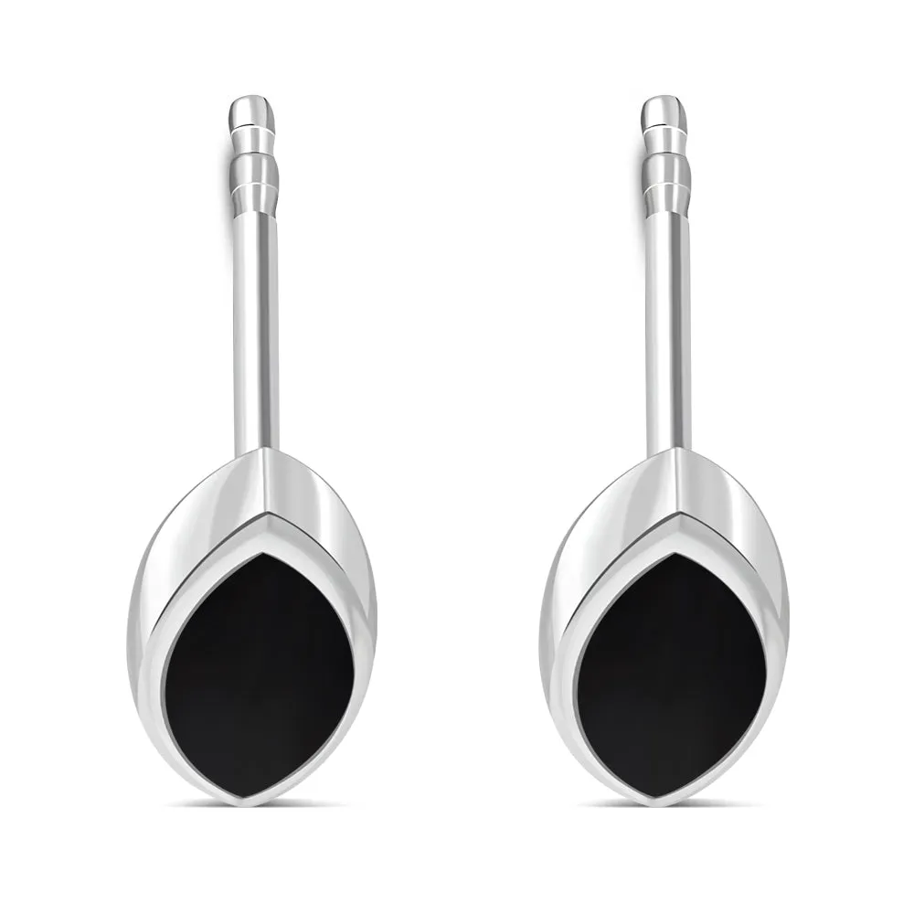Black Onyx Lens Shaped Silver Stud Earrings