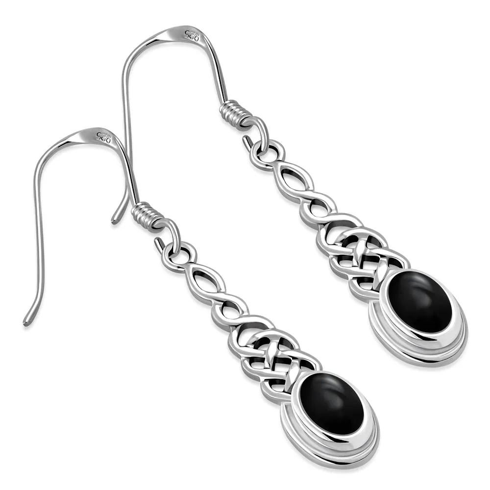 Black Onyx Long Celtic Silver Earrings