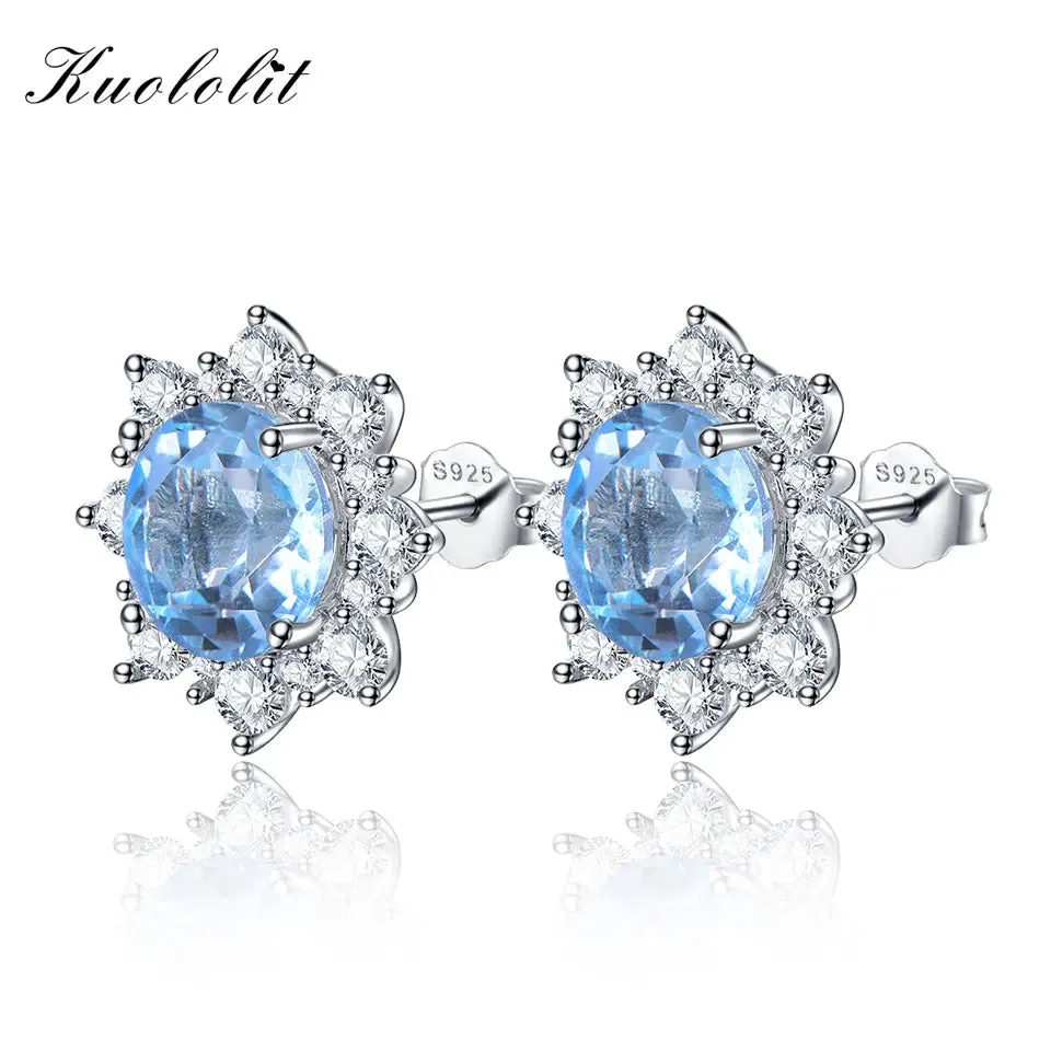 Blue Topaz 925 Sterling Silver Gemstone Stud Earrings