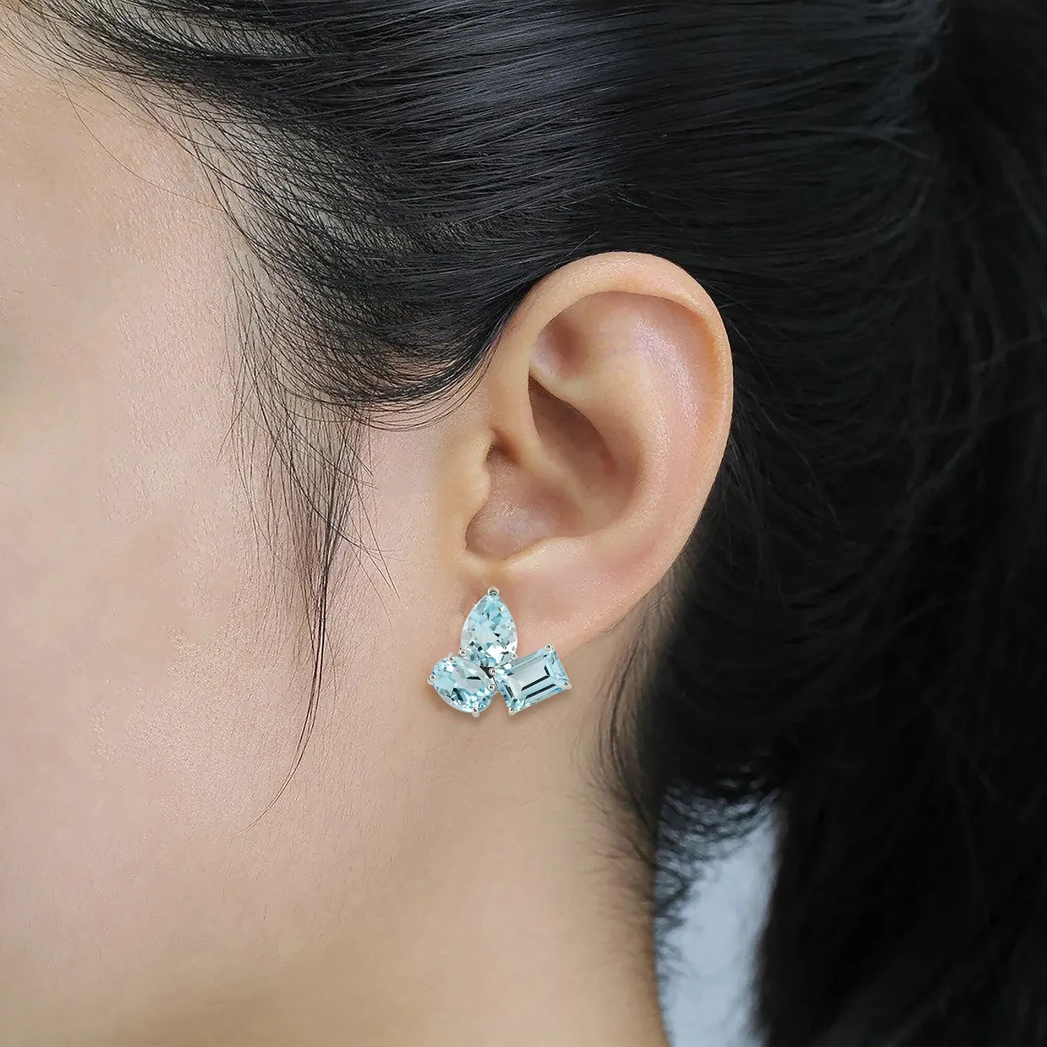 Blue Topaz November Birthstone Beautiful Three Stone Stud Earrings in 18k White Gold