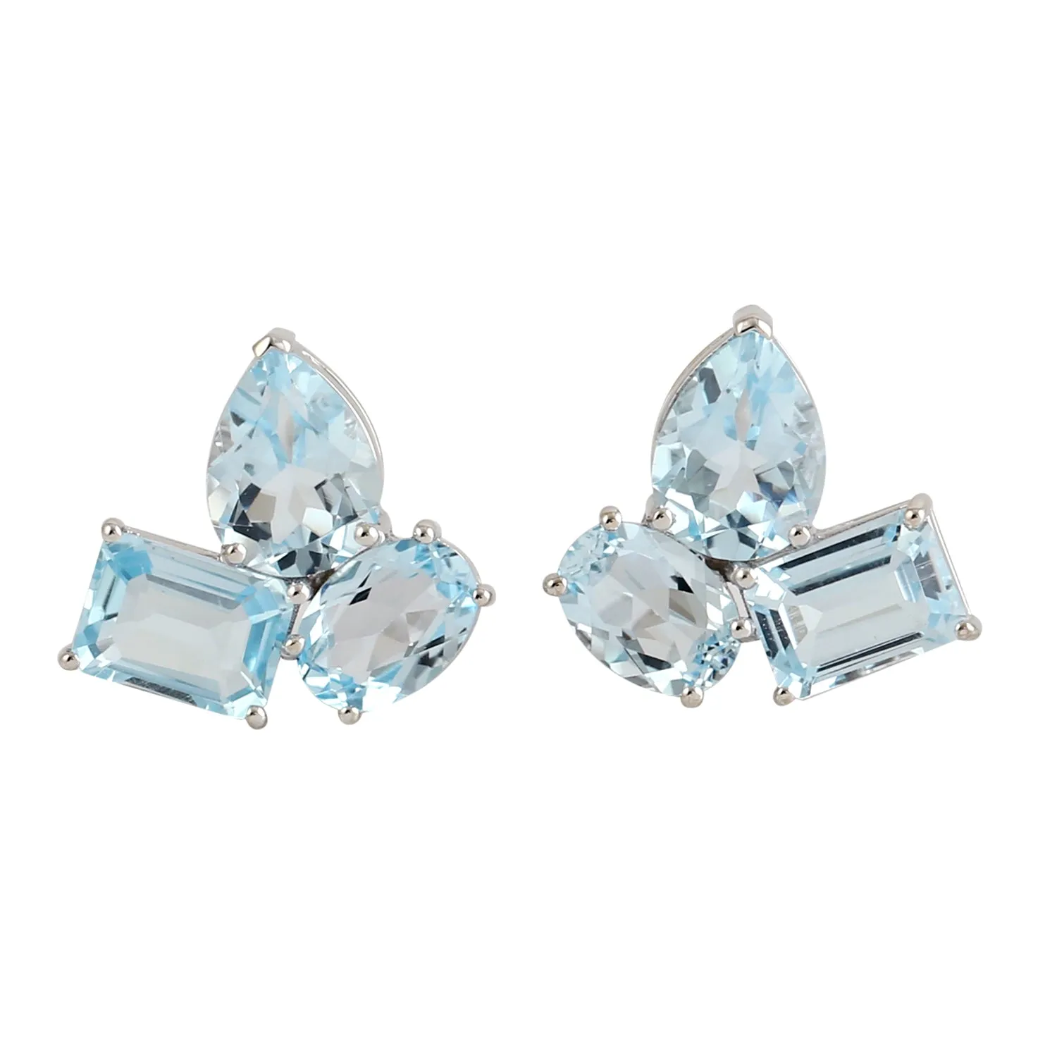 Blue Topaz November Birthstone Beautiful Three Stone Stud Earrings in 18k White Gold