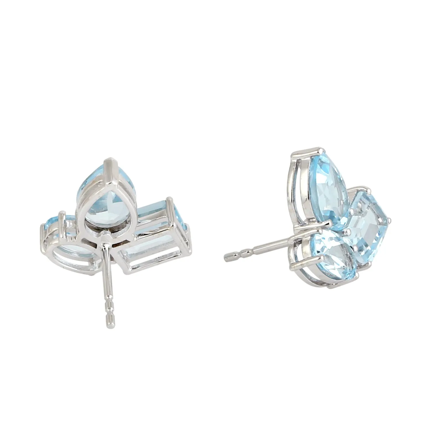 Blue Topaz November Birthstone Beautiful Three Stone Stud Earrings in 18k White Gold