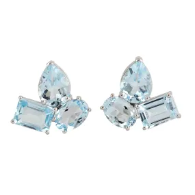 Blue Topaz November Birthstone Beautiful Three Stone Stud Earrings in 18k White Gold