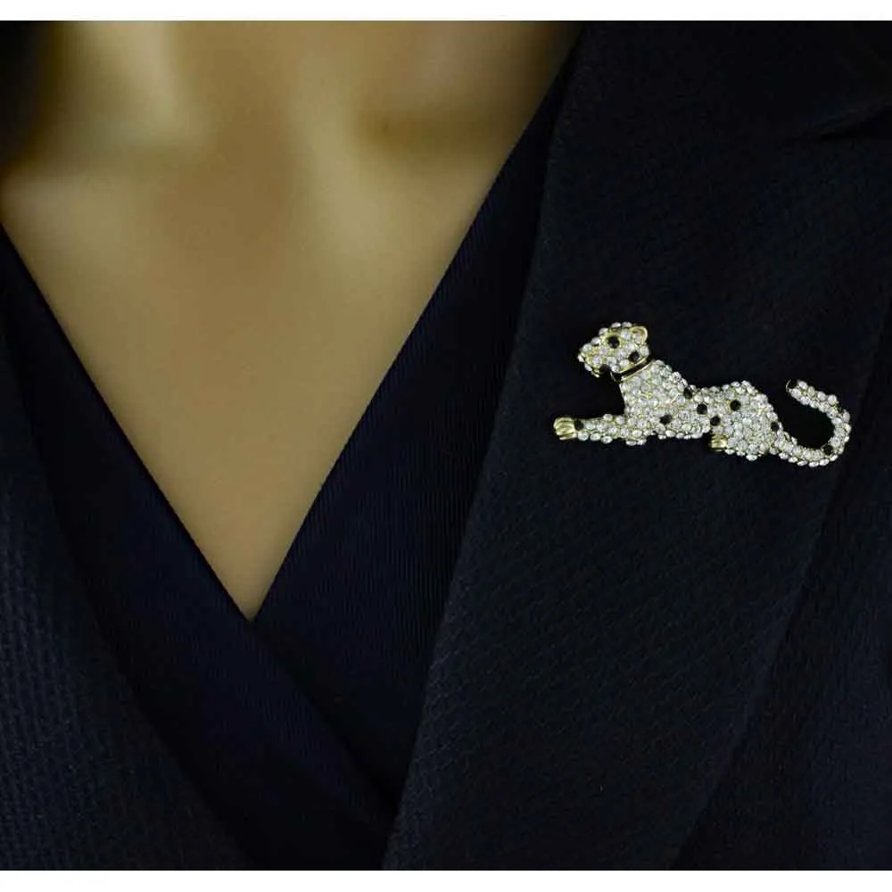 Cheetah Brooch Pin with Black and Clear Crystal Spots - PRA401