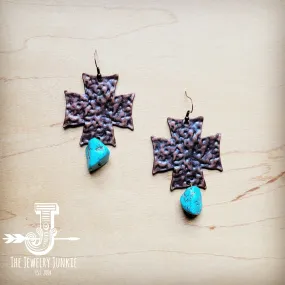 Copper Cross Earrings w/ Blue Turquoise Chunks 220o