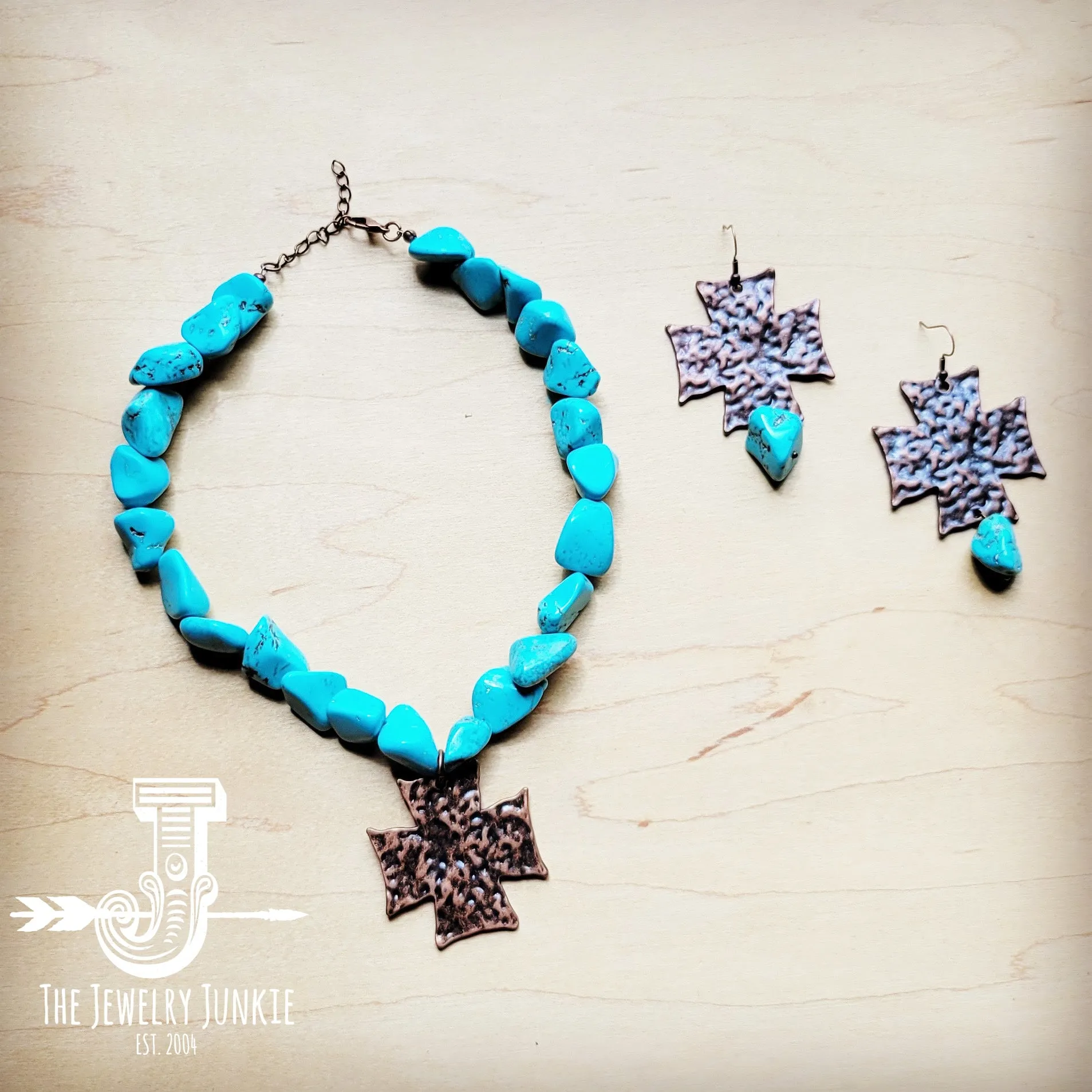 Copper Cross Earrings w/ Blue Turquoise Chunks 220o