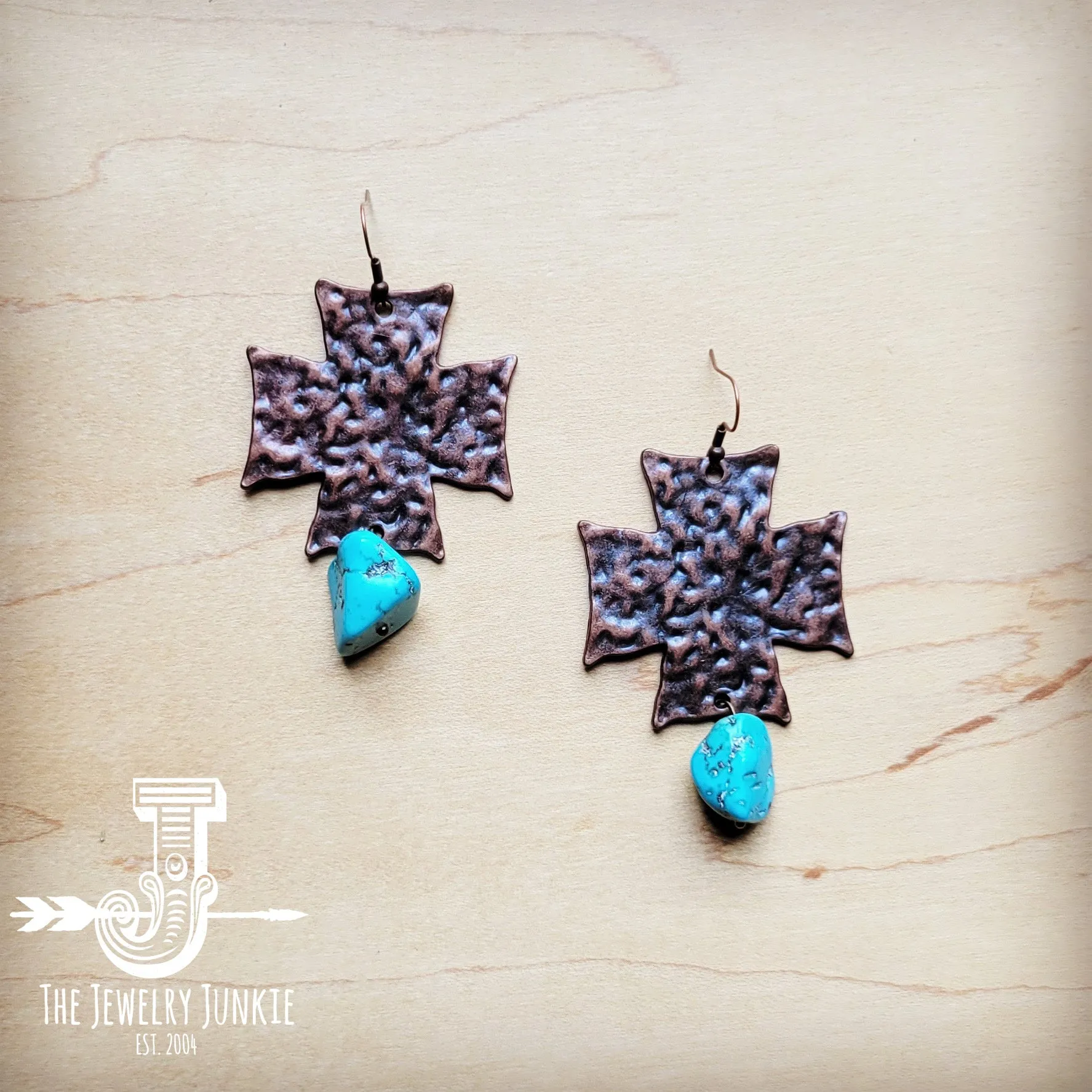 Copper Cross Earrings w/ Blue Turquoise Chunks 220o