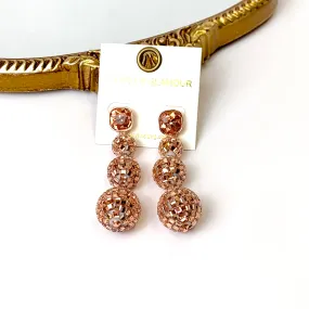 Cushion Crystal Post Disco Ball Dangle Earrings in Rose Gold Tone