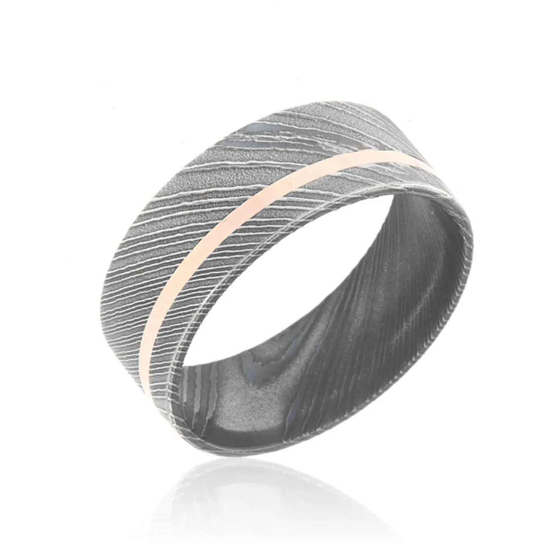 Damascus Steel Wedding Ring Acid Etched Damascus Steel Band With 14k Solid Gold Inlay USA Made Weddi