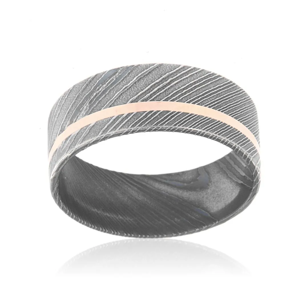 Damascus Steel Wedding Ring Acid Etched Damascus Steel Band With 14k Solid Gold Inlay USA Made Weddi