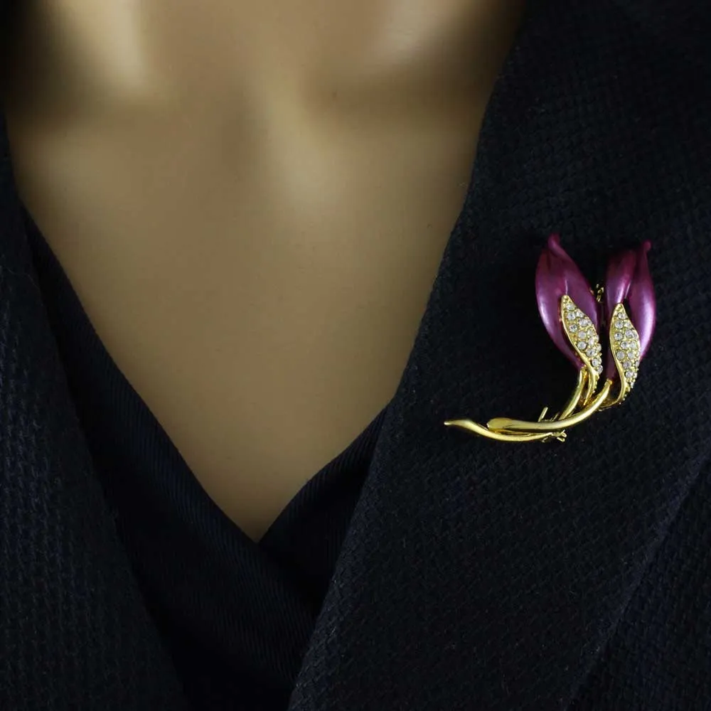Deep Purple Enamel with Crystals Flower Brooch Pin - PRL422