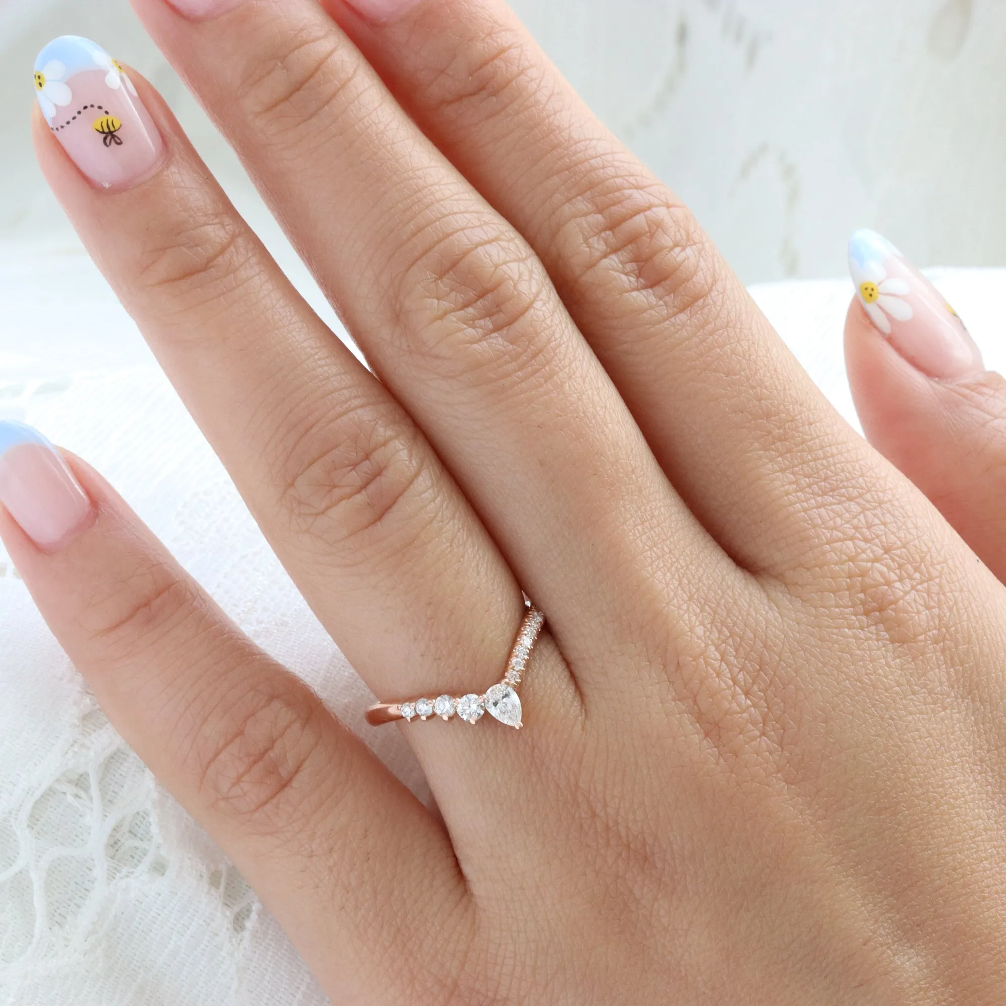 Deluxe Wishbone Diamond Ring in Deep V Shaped Wedding Band