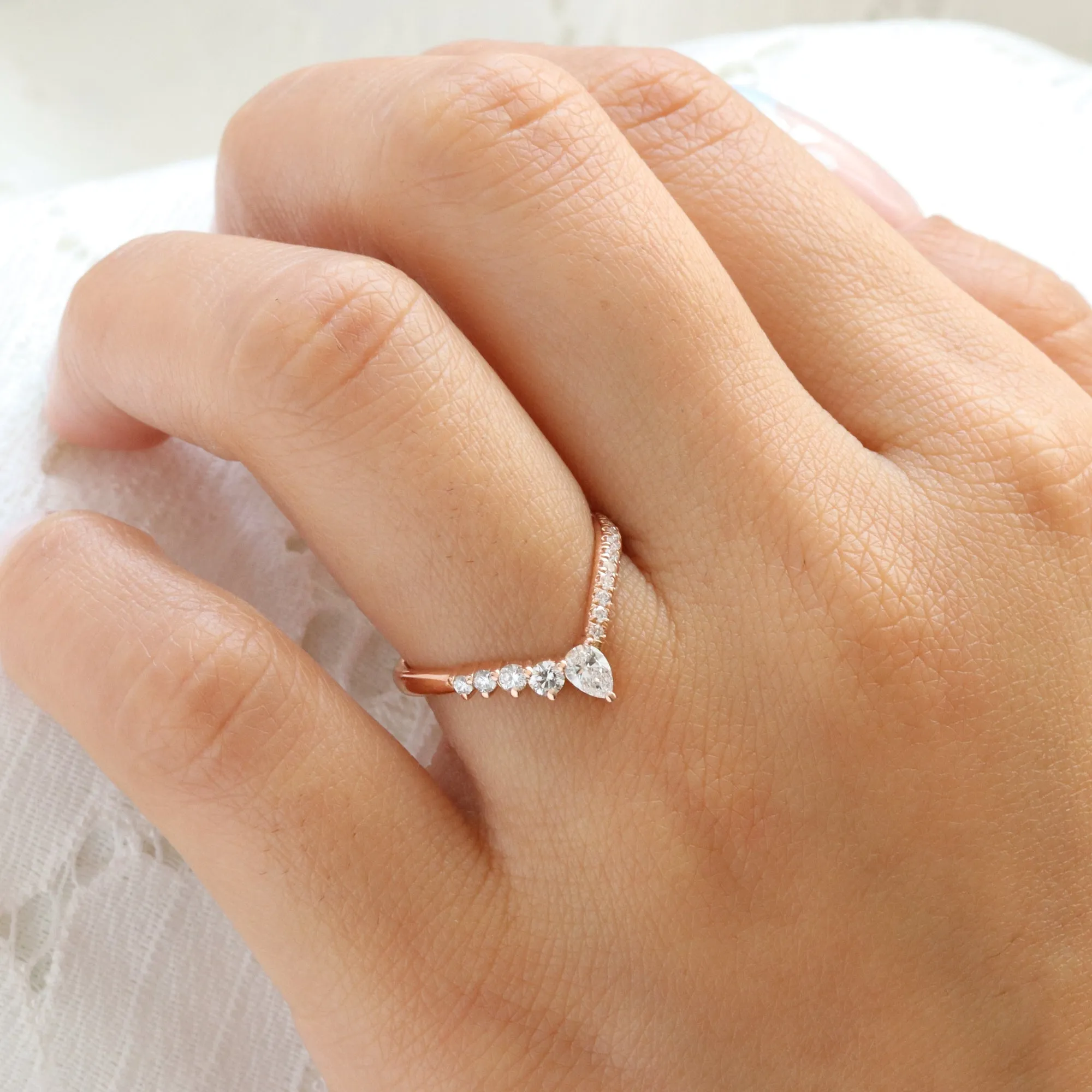 Deluxe Wishbone Diamond Ring in Deep V Shaped Wedding Band