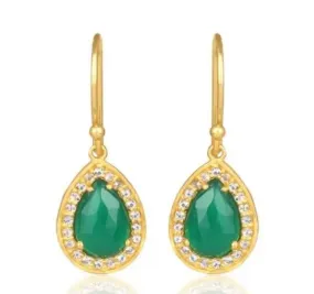 Elegant Pear-Shaped Green Onyx & White Topaz Gemstone Earrings 1.5"