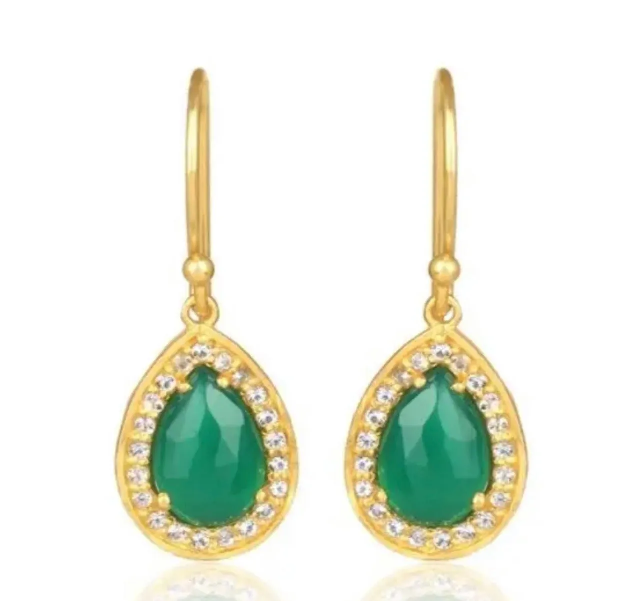 Elegant Pear-Shaped Green Onyx & White Topaz Gemstone Earrings 1.5"
