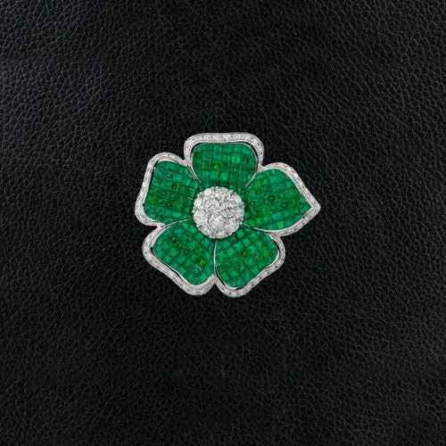 Emerald & Diamond Flower Pin
