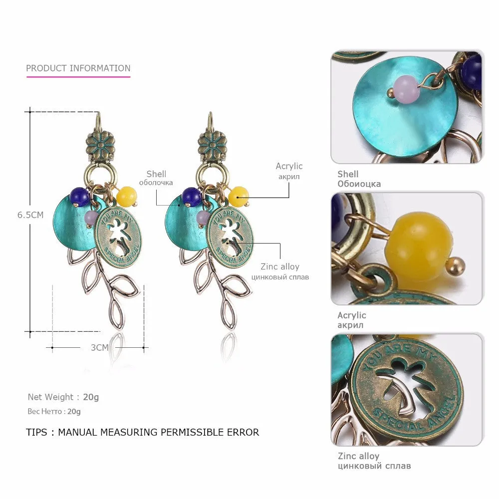 Ethnic Charms Statement Dangle Drop Earrings for Women Green Shell Antique Bronze Plated Jewelry