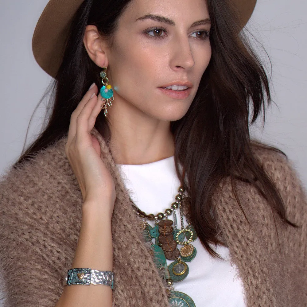Ethnic Charms Statement Dangle Drop Earrings for Women Green Shell Antique Bronze Plated Jewelry