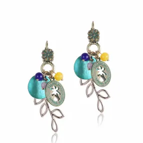 Ethnic Charms Statement Dangle Drop Earrings for Women Green Shell Antique Bronze Plated Jewelry