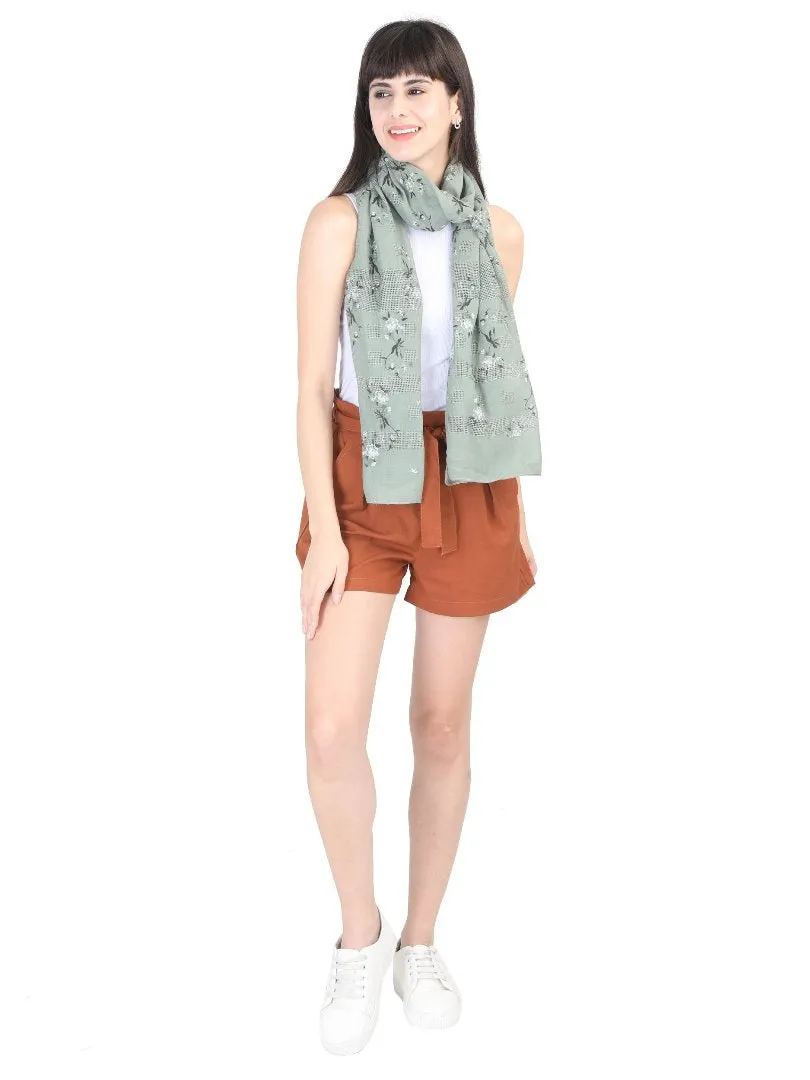 FabSeasons Green Leaf Printed Cotton Scarf For Women & Girls