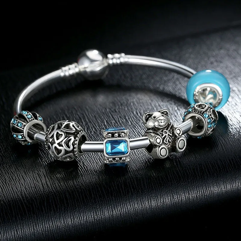 Fashion 925 Silver Charm Bangle with Bear Animal & Open Your Heart Charm Bracelet Blue Glass Ball Friendship Bracelet