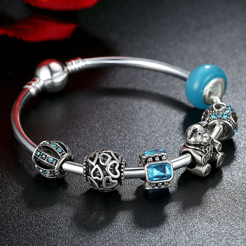 Fashion 925 Silver Charm Bangle with Bear Animal & Open Your Heart Charm Bracelet Blue Glass Ball Friendship Bracelet