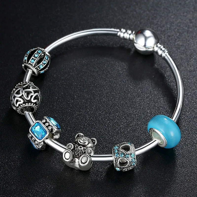 Fashion 925 Silver Charm Bangle with Bear Animal & Open Your Heart Charm Bracelet Blue Glass Ball Friendship Bracelet