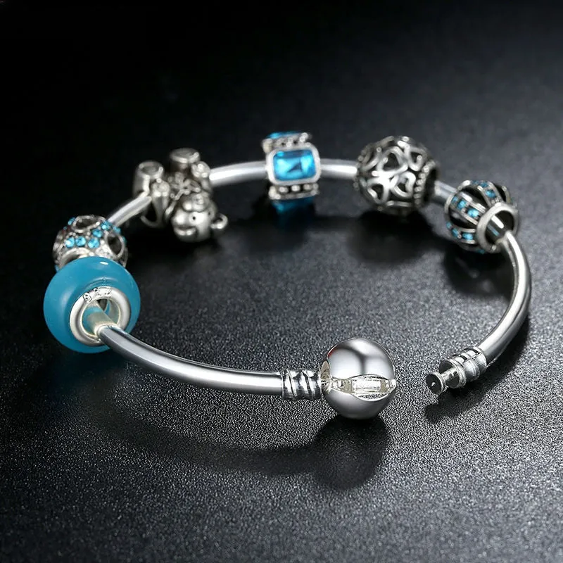 Fashion 925 Silver Charm Bangle with Bear Animal & Open Your Heart Charm Bracelet Blue Glass Ball Friendship Bracelet