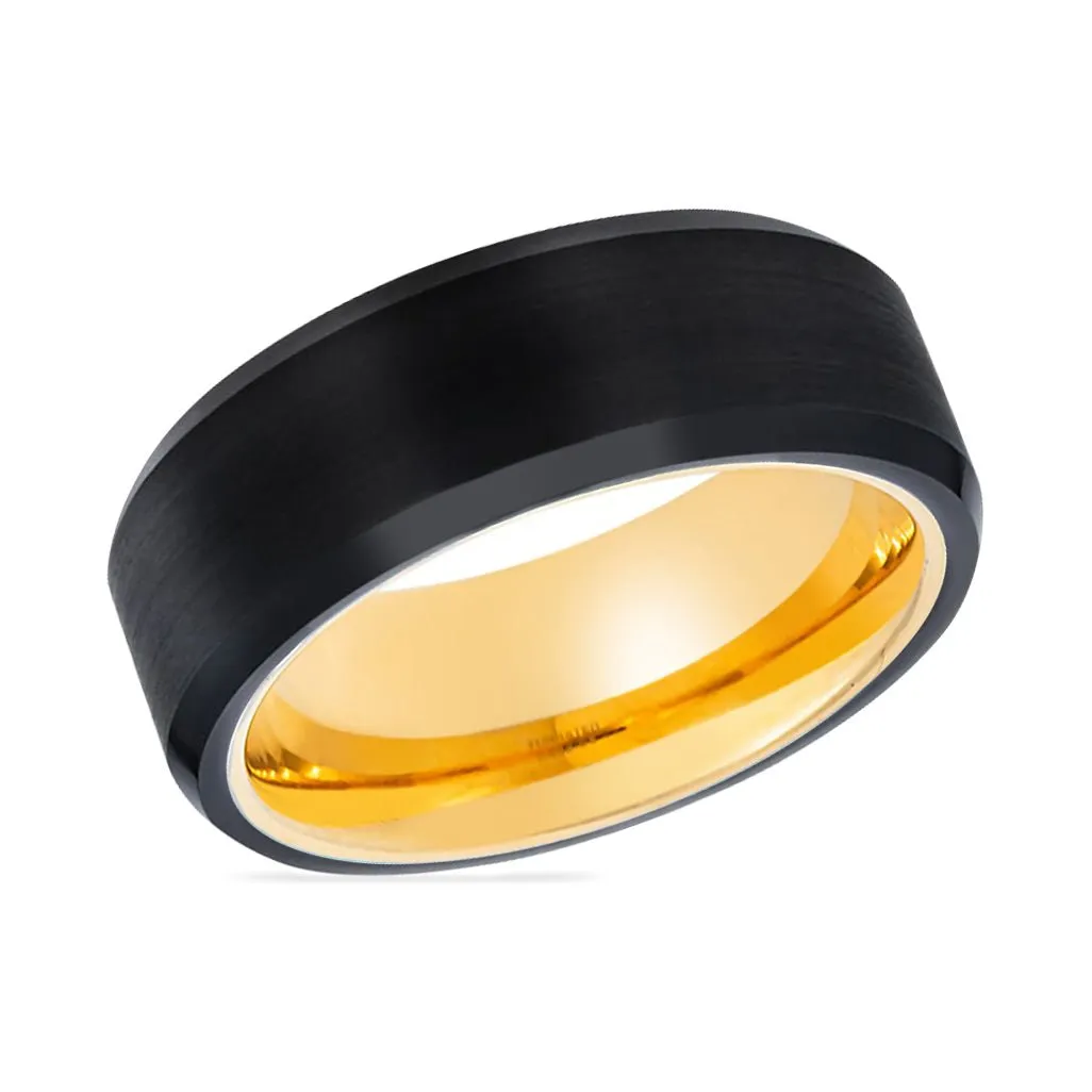 FLEUR | Gold Ring, Black Tungsten Ring, Brushed, Beveled