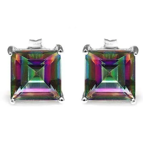 Genuine Rainbow Fire Mystic Topaz Princess Cut 3CT IOBI Precious Gems Stud 925 Sterling Silver Earrings