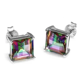 Genuine Rainbow Fire Mystic Topaz Princess Cut 3CT IOBI Precious Gems Stud 925 Sterling Silver Earrings