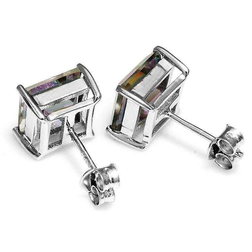 Genuine Rainbow Fire Mystic Topaz Princess Cut 3CT IOBI Precious Gems Stud 925 Sterling Silver Earrings