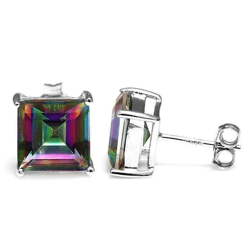 Genuine Rainbow Fire Mystic Topaz Princess Cut 3CT IOBI Precious Gems Stud 925 Sterling Silver Earrings