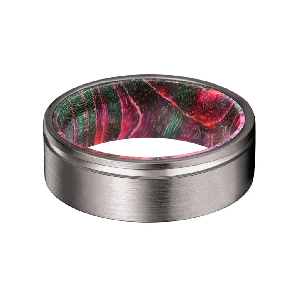 GERO Men's Grooved Tungsten Ring w/ Red & Green Box Elder Wood Sleeve 8mm