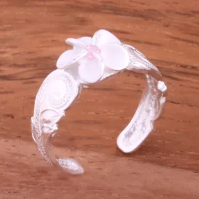 Hawaiian Scroll 8mm Plumeria with Pink CZ Cut Out Edge Toe Ring