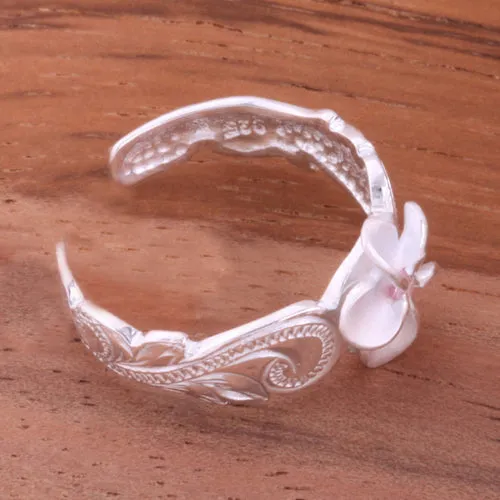 Hawaiian Scroll 8mm Plumeria with Pink CZ Cut Out Edge Toe Ring