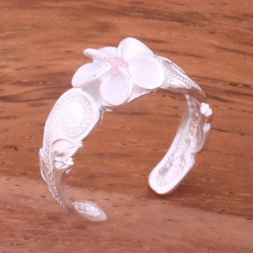 Hawaiian Scroll 8mm Plumeria with Pink CZ Cut Out Edge Toe Ring