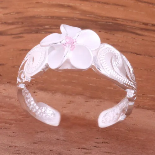 Hawaiian Scroll 8mm Plumeria with Pink CZ Cut Out Edge Toe Ring