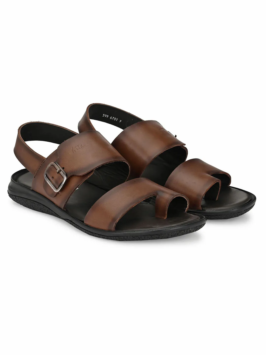 Hitz Men's Brown Leather Toe Ring Sandals with Buckle Closure